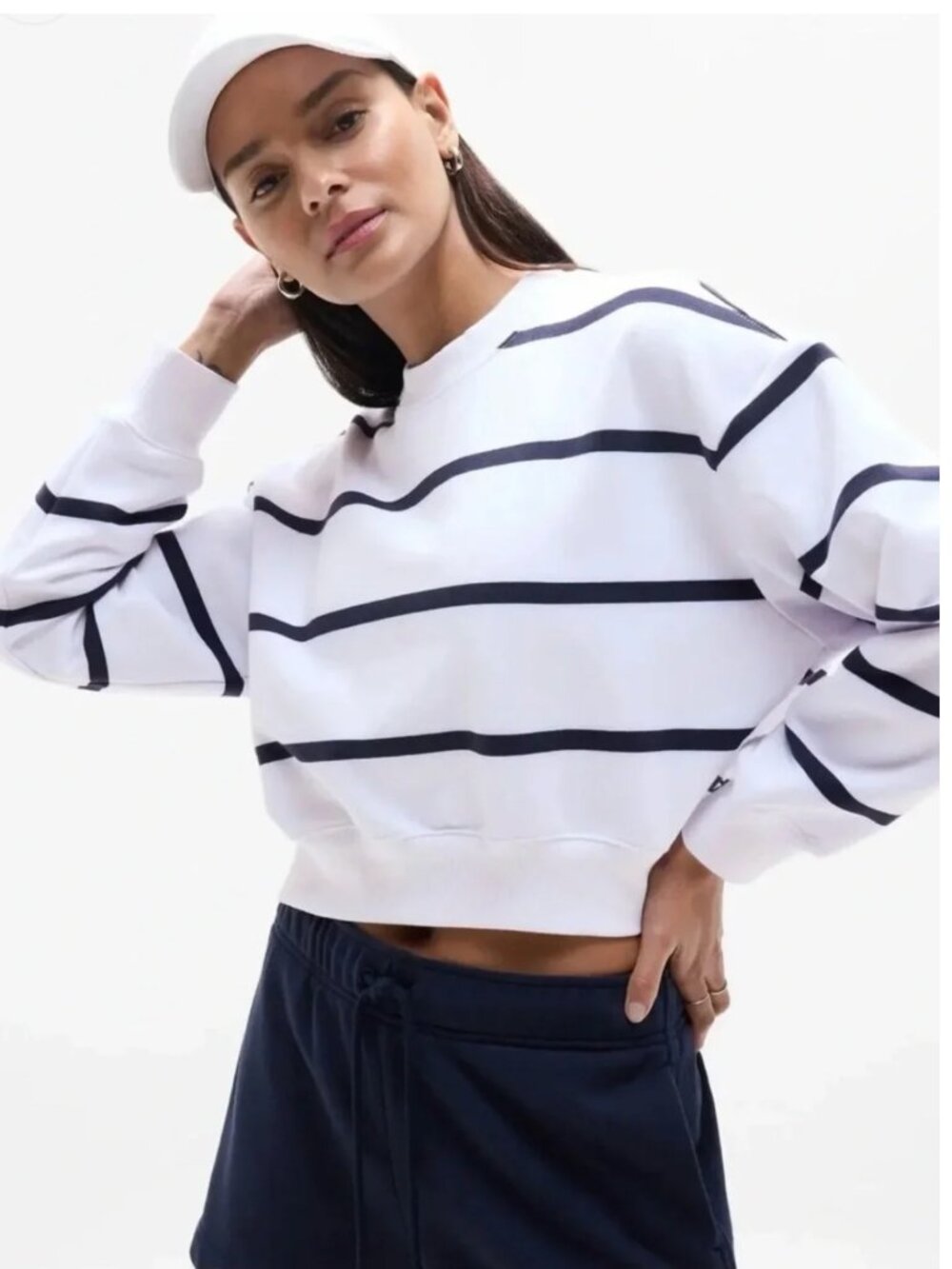 Athleta Heavyweight Terry Ultra Crop Crew Sweatshirt White Navy Stripe M NWT